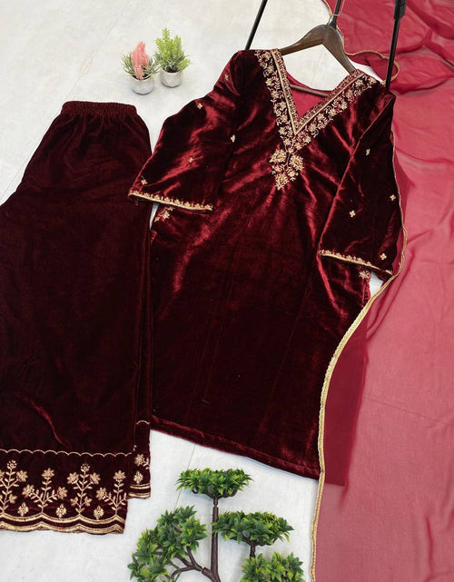 Load image into Gallery viewer, Designer Velvet Wedding Embroidery Women Top Pant Dupatta Suit Mahezon
