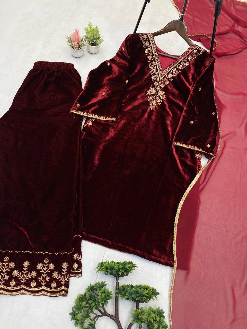 Designer Velvet Wedding Embroidery Women Top Pant Dupatta Suit Mahezon