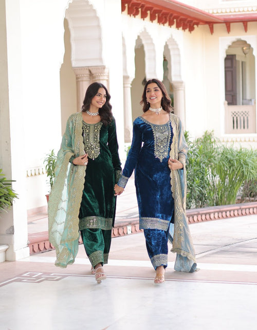 Load image into Gallery viewer, Designer Velvet Wedding Wear Velvet Women Top Pant Dupatta Suit Set 
