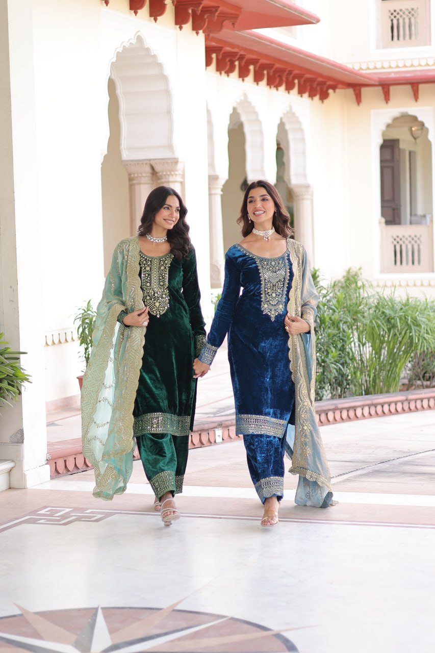 Designer Velvet Wedding Wear Velvet Women Top Pant Dupatta Suit Set 