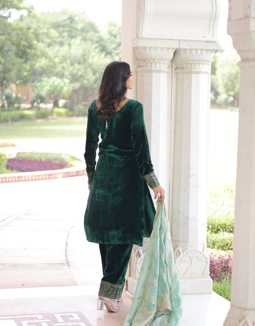 Load image into Gallery viewer, Designer Velvet Wedding Wear Velvet Women Top Pant Dupatta Suit Set 
