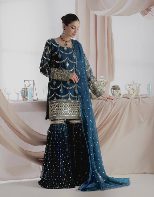 Load image into Gallery viewer, Wedding Designer Kurti Sharara Dupatta Dress Mahezon
