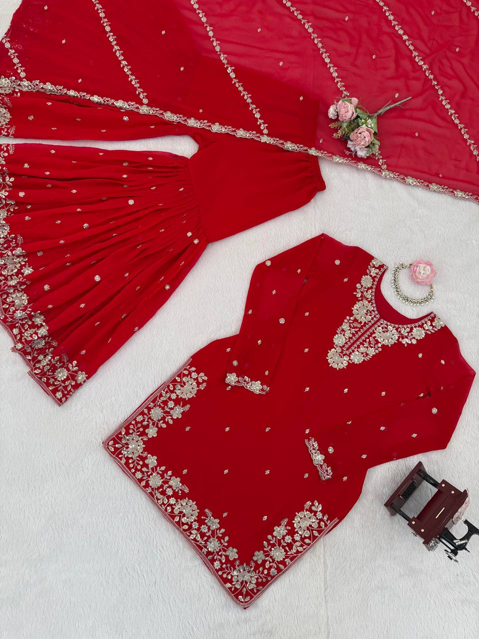 Wedding Designer Red Women Top Sharara with Dupatta Royal Export