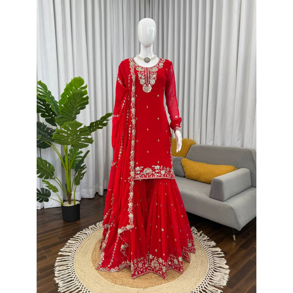 Wedding Designer Red Women Top Sharara with Dupatta Royal Export
