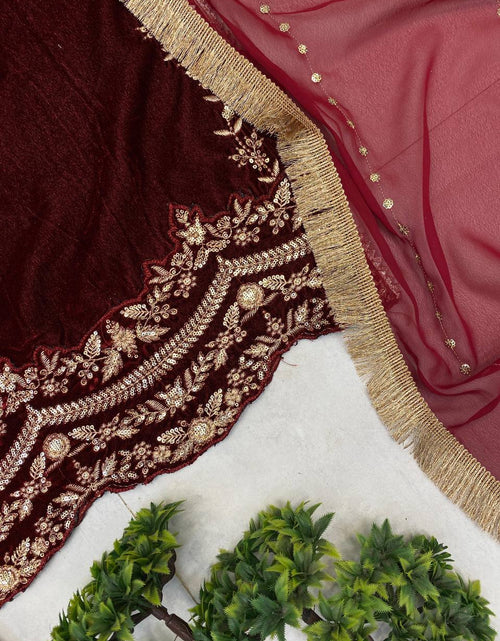 Load image into Gallery viewer, Designer Velvet Embroidery  Sequence Women Top Pant Dupatta Royal Export
