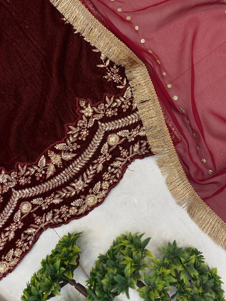 Designer Velvet Embroidery  Sequence Women Top Pant Dupatta Royal Export