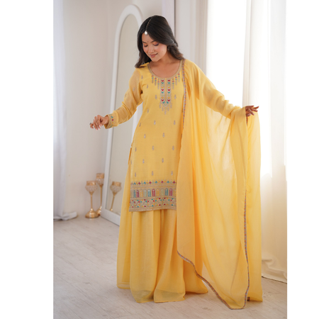 Wedding Embroidered Ethnic Kurti Sharara Dupatta Dress