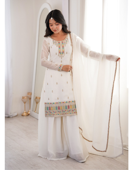 Wedding Embroidered Ethnic Kurti Sharara Dupatta Dress 