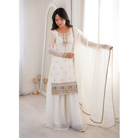 Wedding Embroidered Ethnic Kurti Sharara Dupatta Dress 