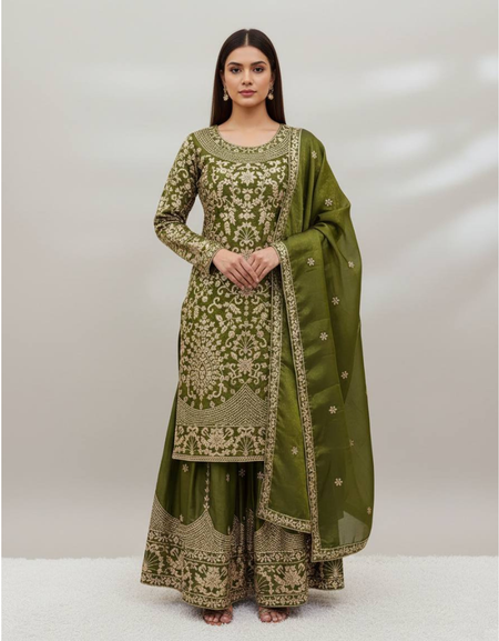 Wedding Embroidered Green Kurti Sharara Dupatta Dress Royal Export