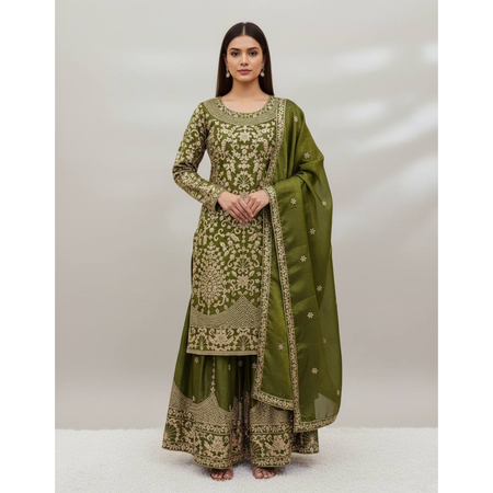 Wedding Embroidered Green Kurti Sharara Dupatta Dress Royal Export