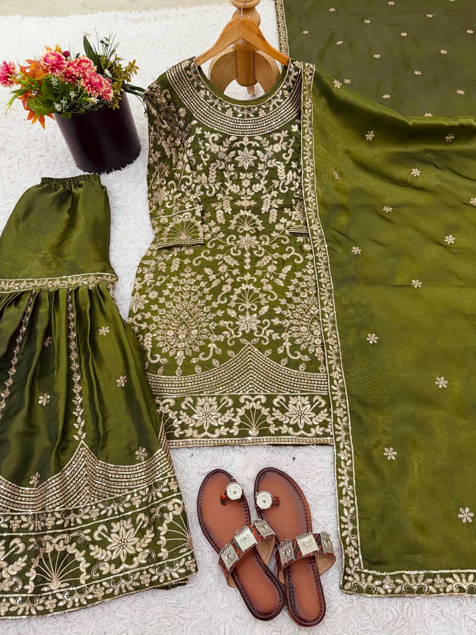 Wedding Embroidered Green Kurti Sharara Dupatta Dress Royal Export