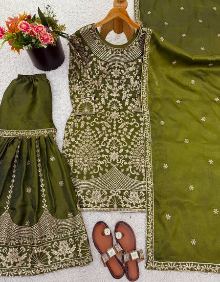 Wedding Embroidered Green Kurti Sharara Dupatta Dress Royal Export