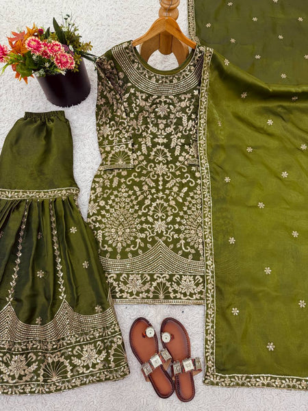 Wedding Embroidered Green Kurti Sharara Dupatta Dress Royal Export