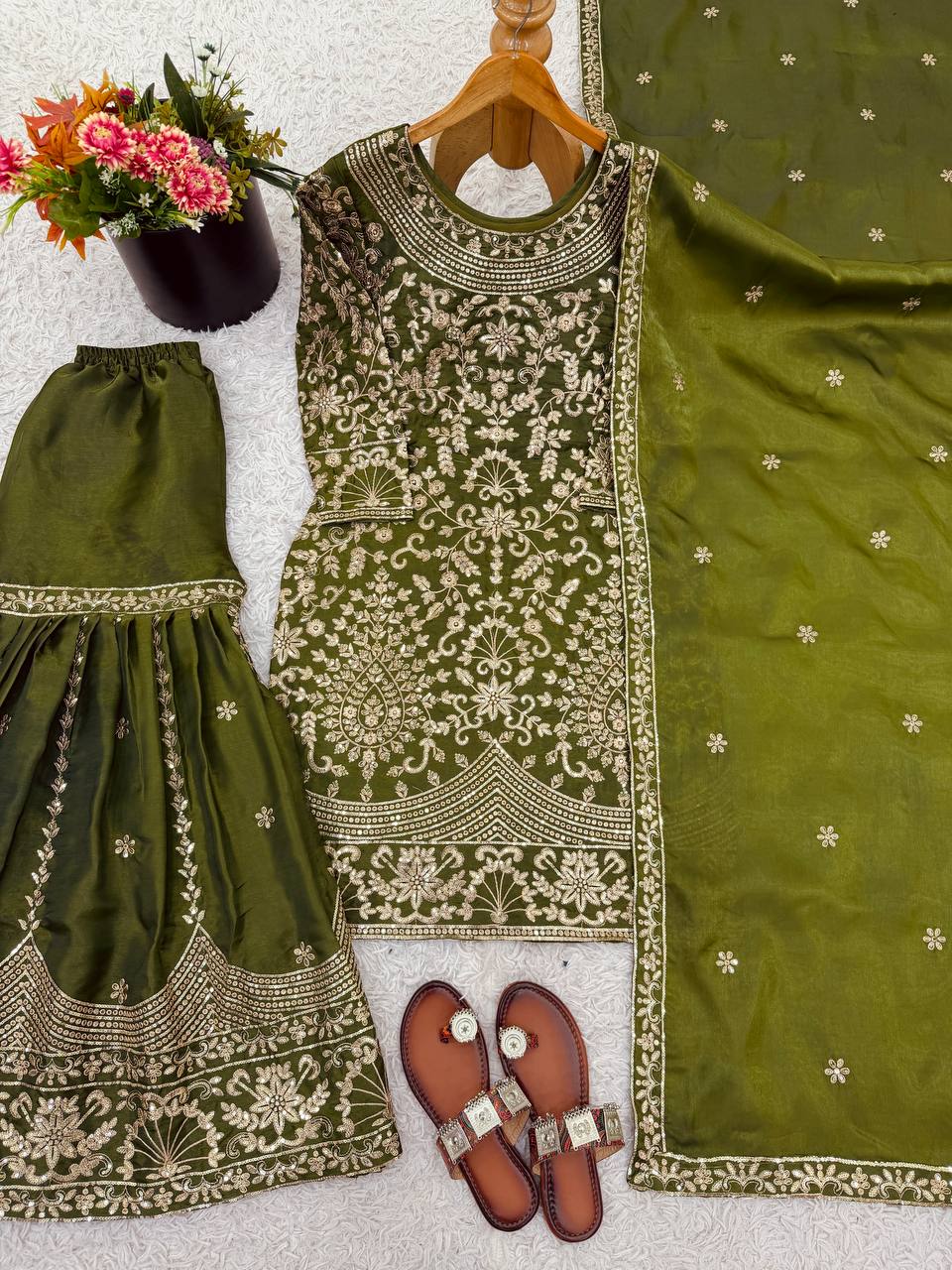 Wedding Embroidered Green Kurti Sharara Dupatta Dress Royal Export