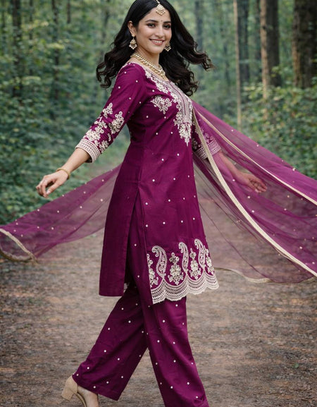 Wedding Embroidery Sequence Women Top Palazzo Dupatta Suit Dress mahezon