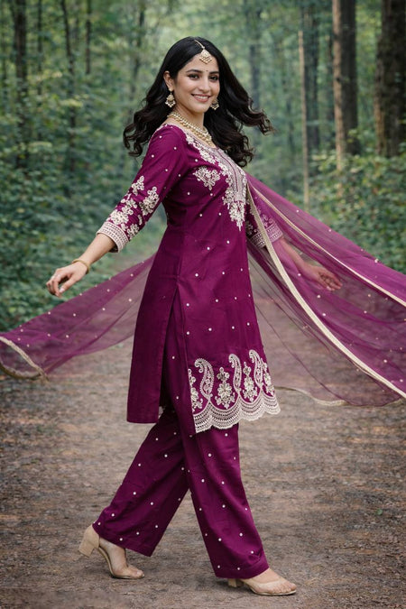 Wedding Embroidery Sequence Women Top Palazzo Dupatta Suit Dress mahezon