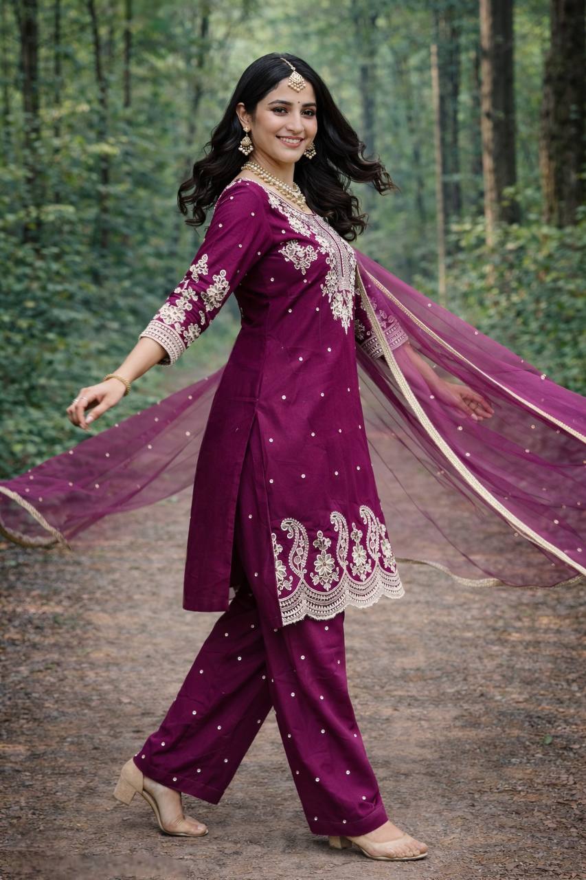 Wedding Embroidery Sequence Women Top Palazzo Dupatta Suit Dress mahezon