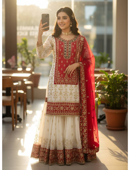 Ethnic Embroidered Kurti Sharara Dupatta Suit mahezon