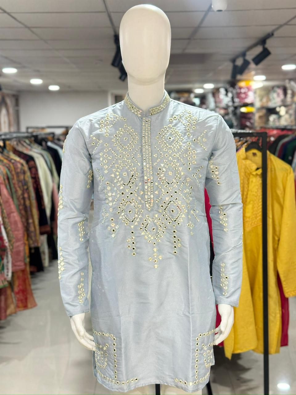 Indian Traditional Silk Embroidery Men’s Short Kurta Pajama Set mahezon