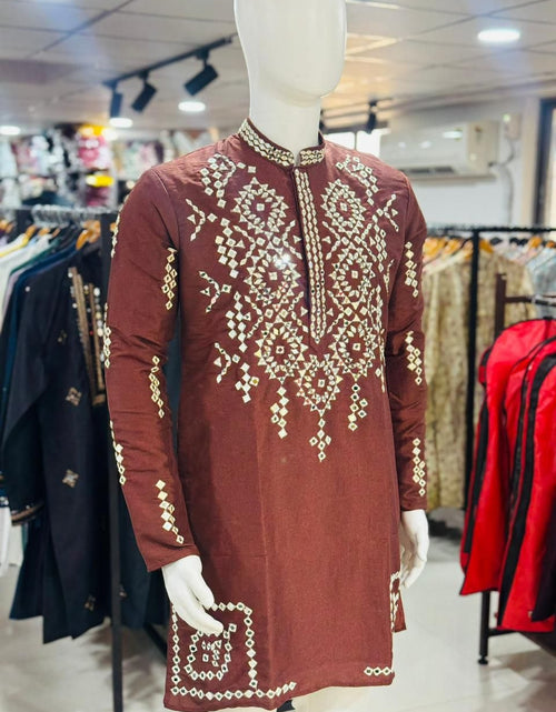 Load image into Gallery viewer, Indian Traditional Silk Embroidery Men’s Short Kurta Pajama Set mahezon
