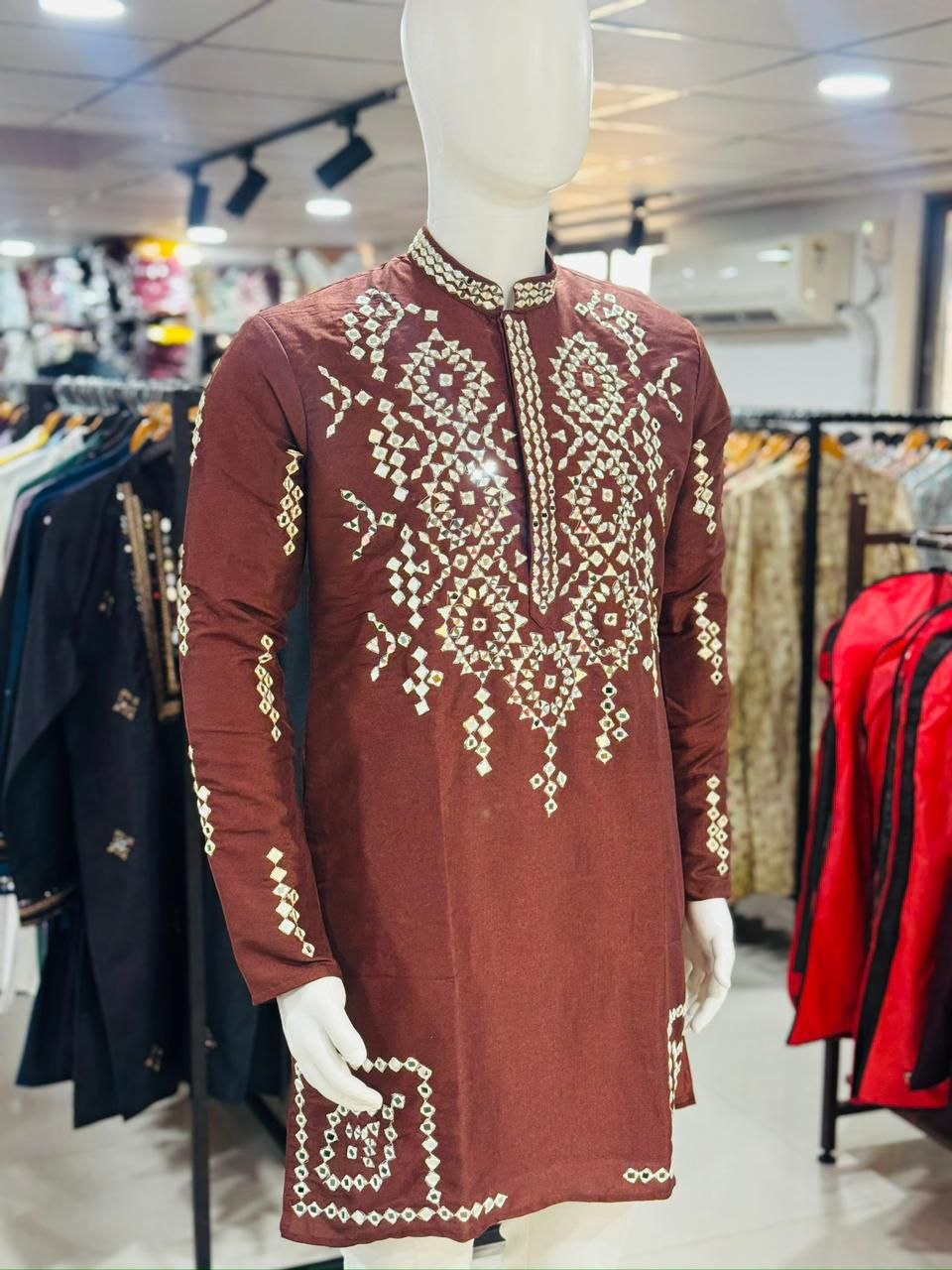 Indian Traditional Silk Embroidery Men’s Short Kurta Pajama Set mahezon
