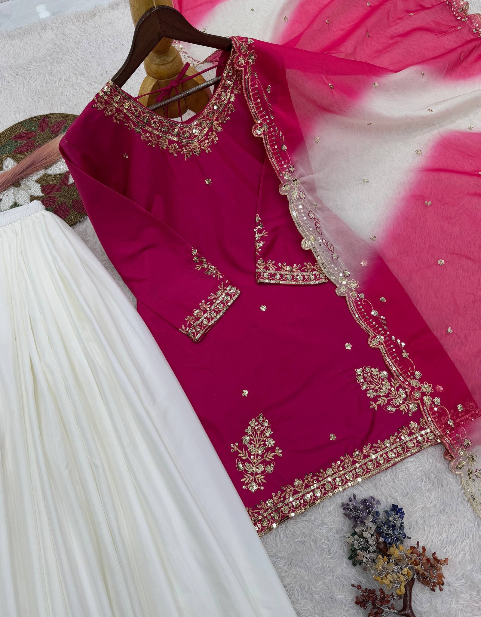 Festive Embroidered Sequence Women Top Palazzo Dupatta Suit Dress mahezon