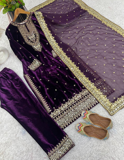 Load image into Gallery viewer, Designer Velvet Ethnic Embroidery Women Top Pant Dupatta Suit 
