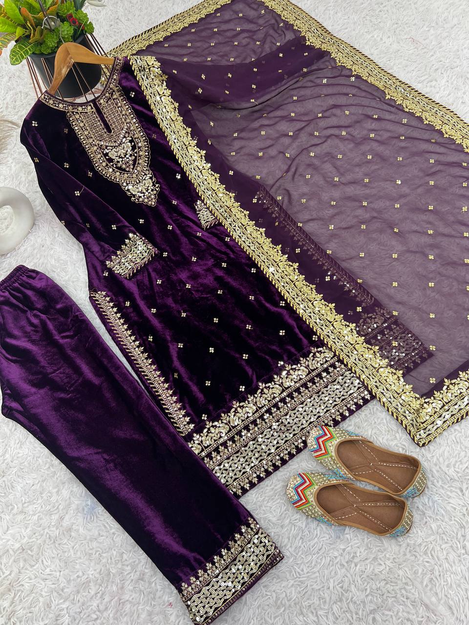 Designer Velvet Ethnic Embroidery Women Top Pant Dupatta Suit 
