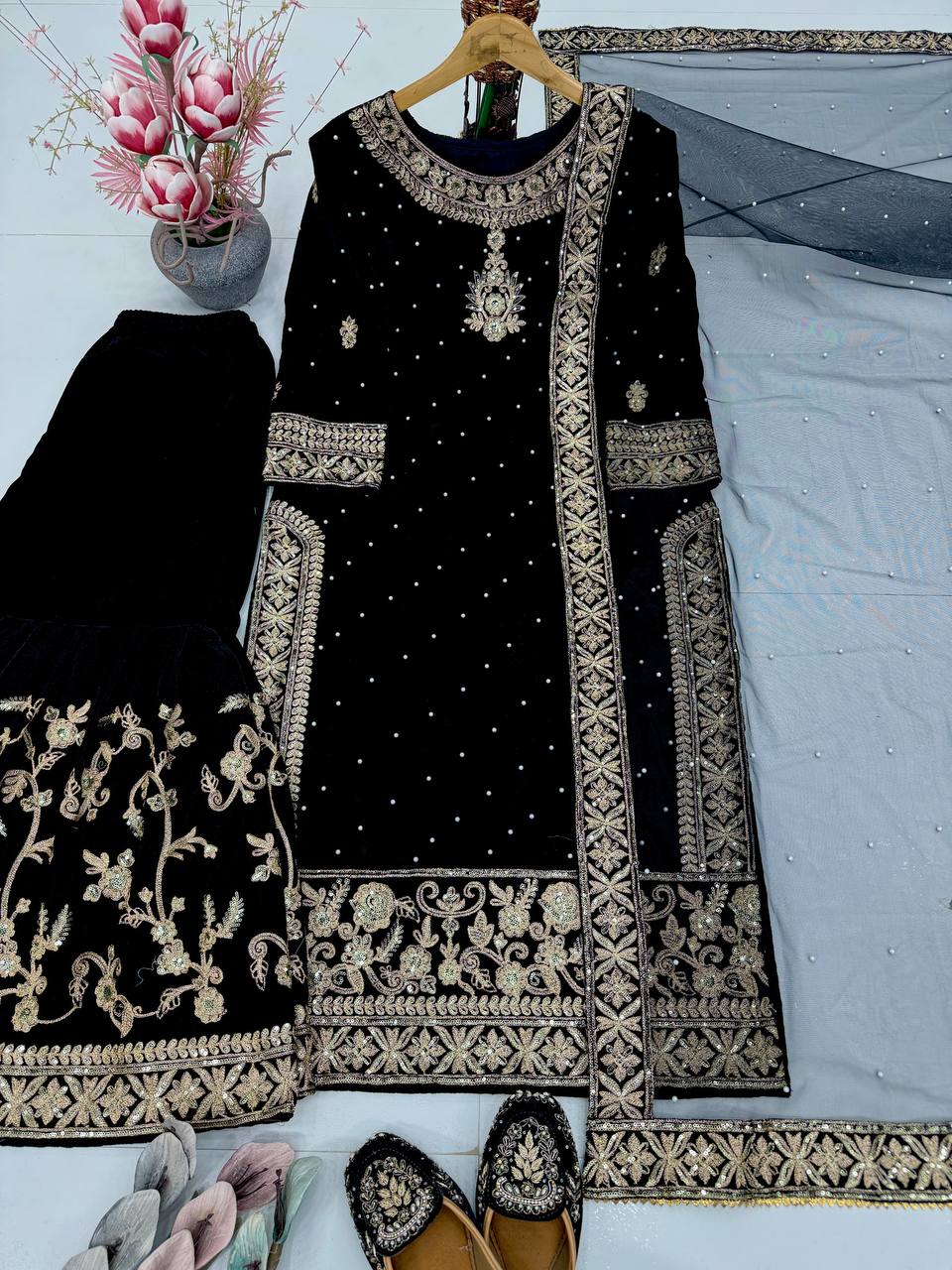Party Wear Designer Velvet Women Top Sharara Dupatta Royal Export
