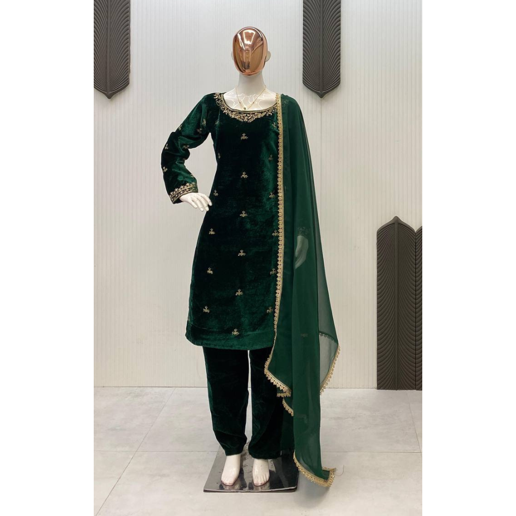 Wedding Wear Green Velvet Women Top Pant Dupatta Suit Royal Export