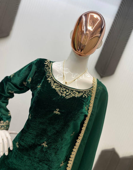 Wedding Wear Green Velvet Women Top Pant Dupatta Suit Royal Export