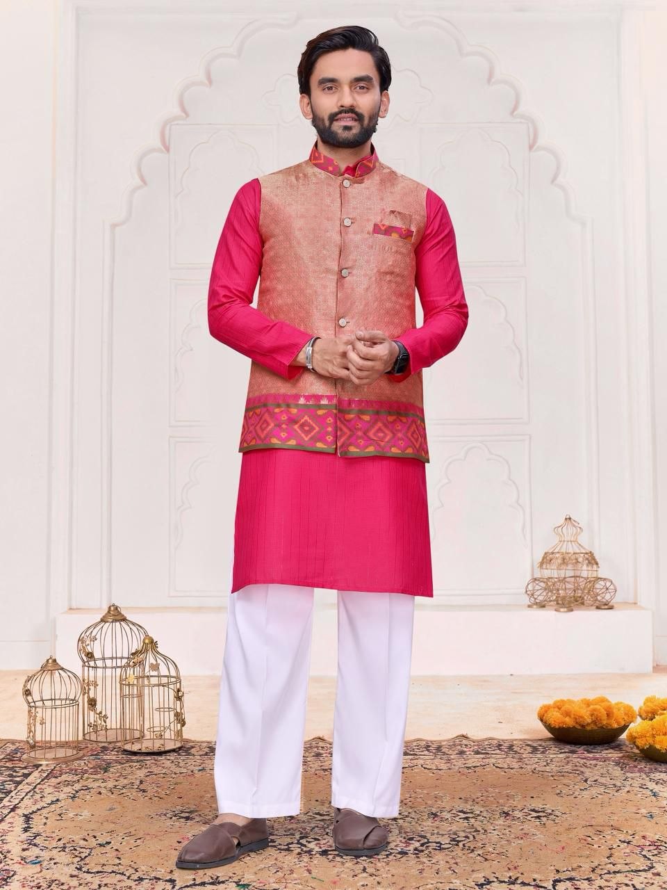 Couple Wear Wedding Indian Men Kurta Pajama Koti and Women Saree Outfits Set mahezon