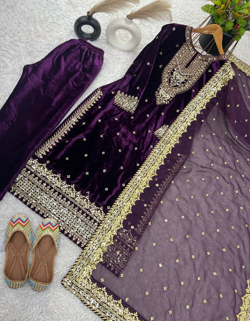 Load image into Gallery viewer, Designer Velvet Ethnic Embroidery Women Top Pant Dupatta Suit 
