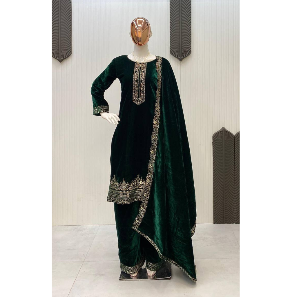Wedding Wear Velvet Women Top Pant Dupatta Suit Mahezon