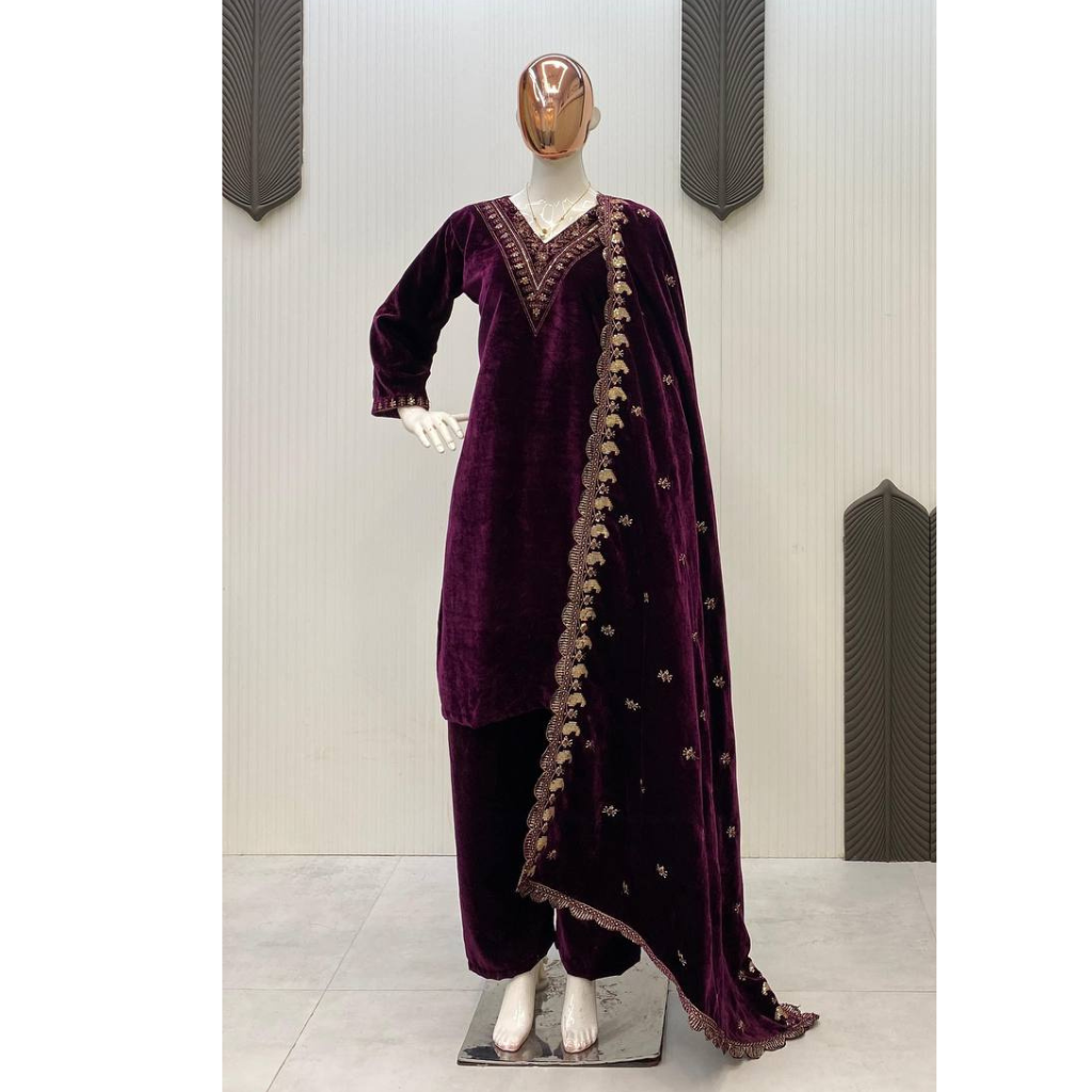 Wedding Wear Velvet Women Top Pant Dupatta Suit Mahezon