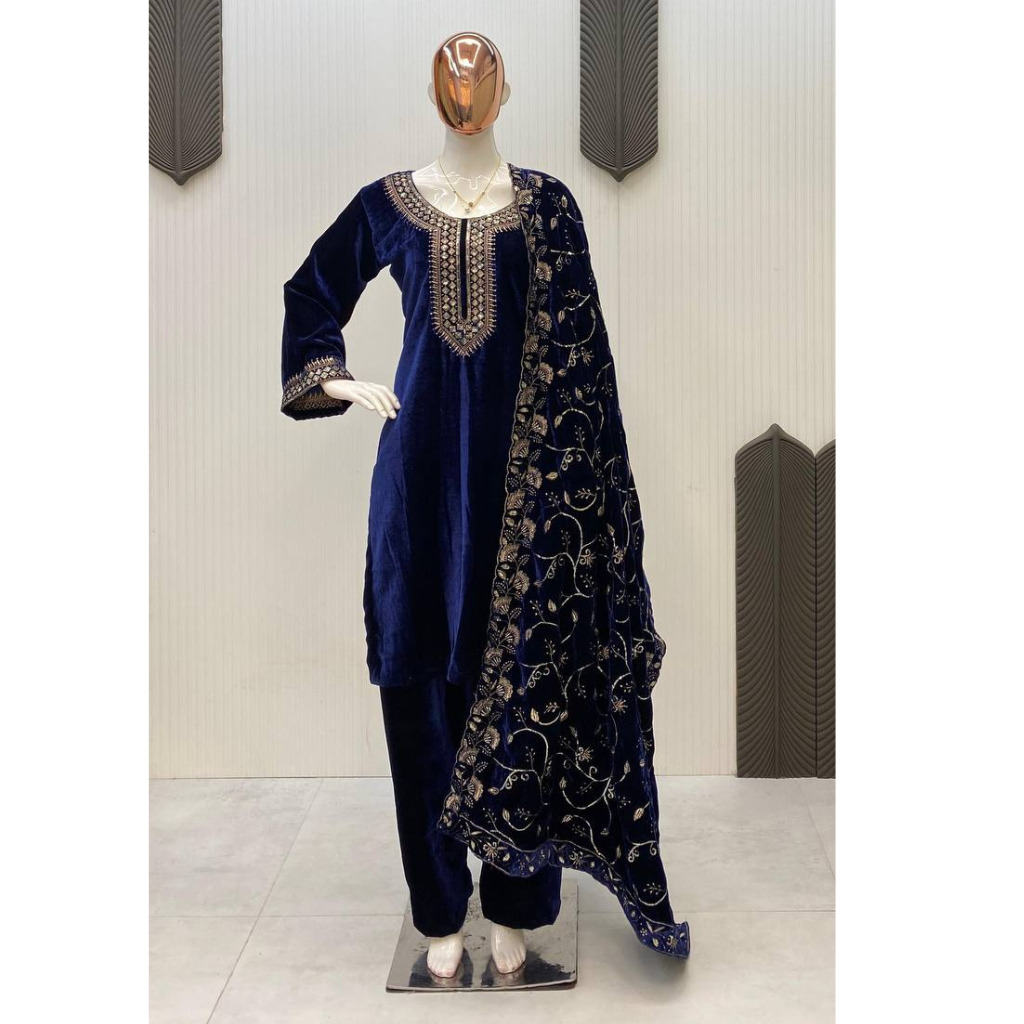 Wedding Wear Velvet Women Top Pant Dupatta Suit Mahezon
