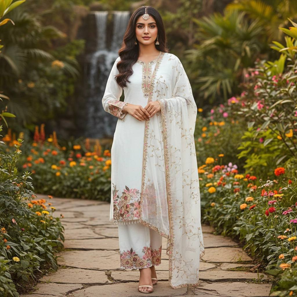 Festive Sequence Embroidered Women Top Palazzo Dupatta Suit Dress mahezon