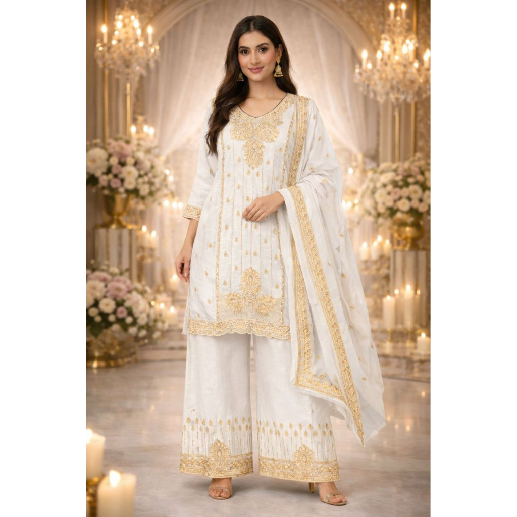Party Wear Embroidered Women Top Palazzo Dupatta Suit Dress mahezon