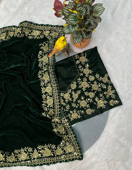 Winter Designer Green Velvet Women Saree mahezon