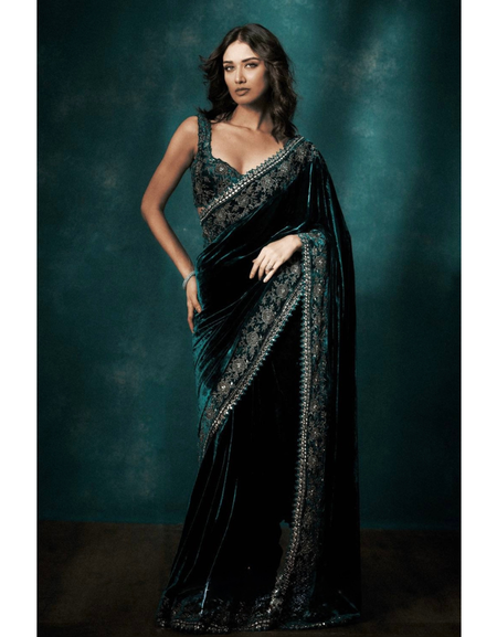 Winter Designer Green Velvet Women Saree mahezon