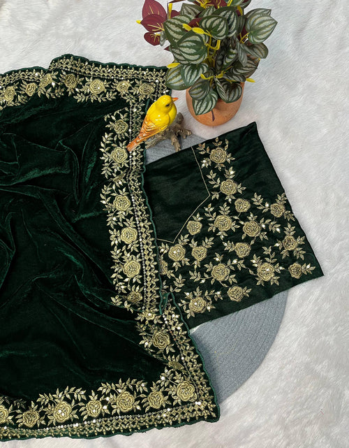 Load image into Gallery viewer, Winter Designer Green Velvet Women Saree mahezon
