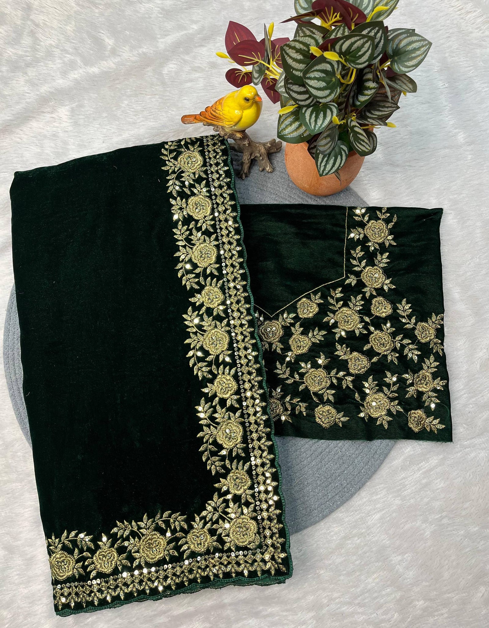Winter Designer Green Velvet Women Saree mahezon