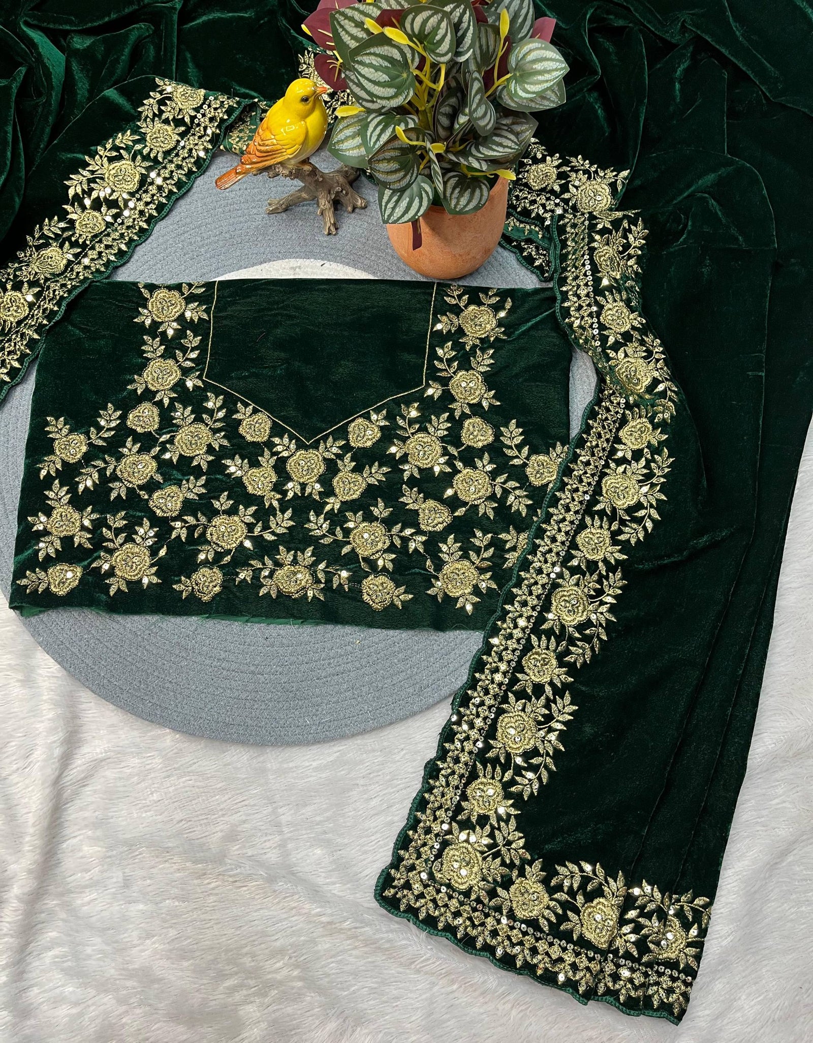 Winter Designer Green Velvet Women Saree mahezon