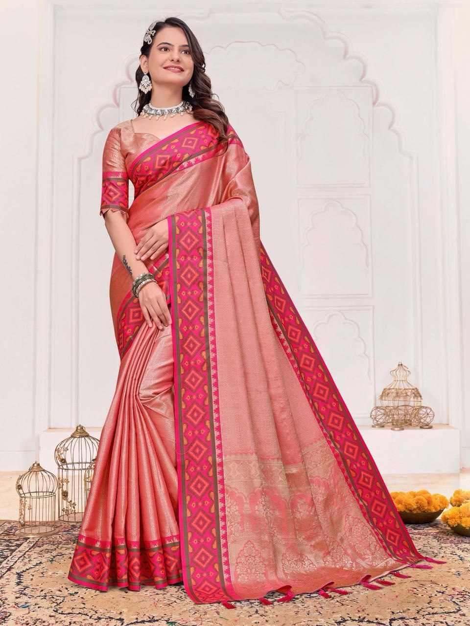 Couple Wear Wedding Indian Men Kurta Pajama Koti and Women Saree Outfits Set mahezon