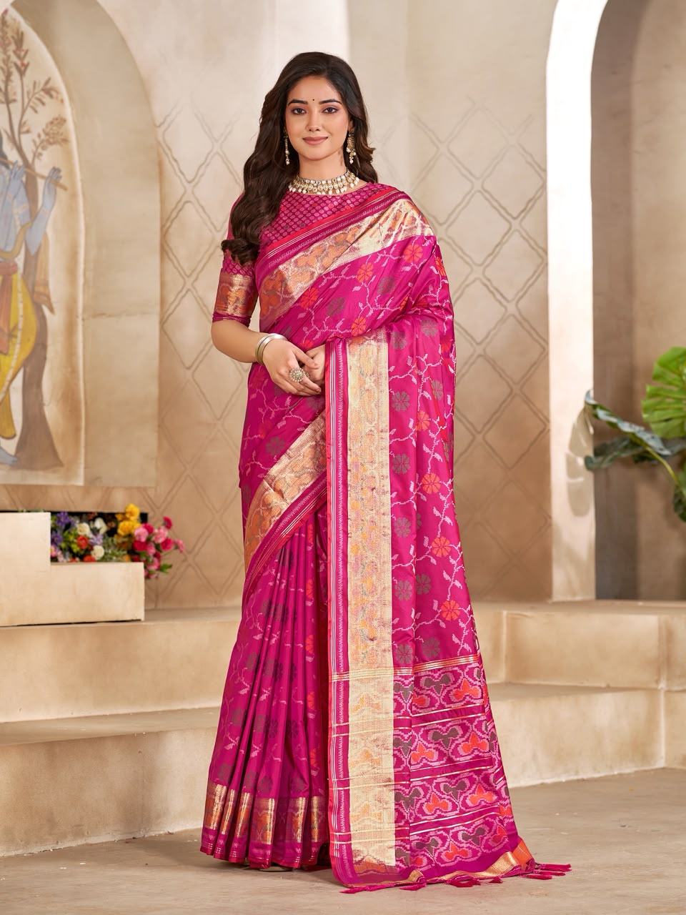 A woman modeling a bright pink and magenta silk saree with intricate gold and beige zari patterns, standing in a classical Indian architectural setting with beige arches.