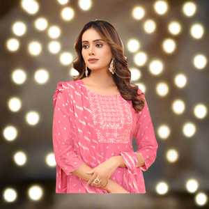 Exclusive Light Pink Naira cut Kurti Pant Dupatta Suit mahezon