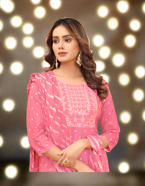Load image into Gallery viewer, Exclusive Light Pink Naira cut Kurti Pant Dupatta Suit mahezon
