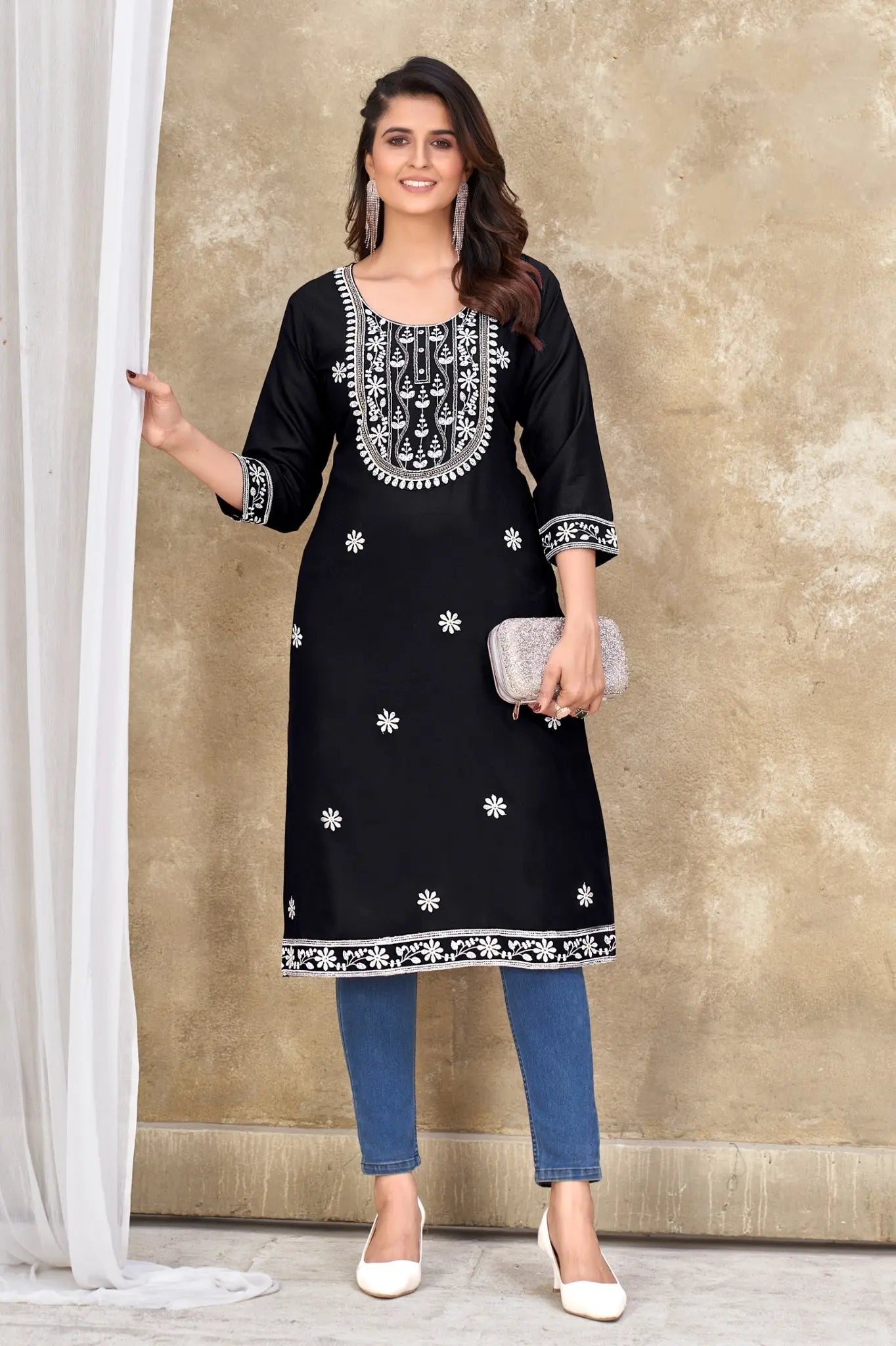 Women's Black Designer Embroidery Kurti mahezon