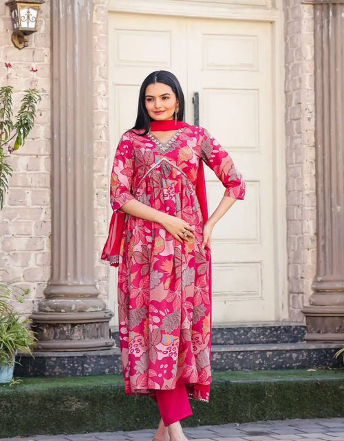 Load image into Gallery viewer, Women&#39;s Floral Pink Designer Alia Cut Kurta Pant Dupatta Suit mahezon
